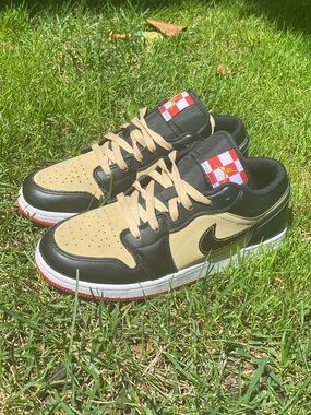 Kids Nike Dunk Jordan Two-Tone Black & Tan Sneakers with Checker Accent